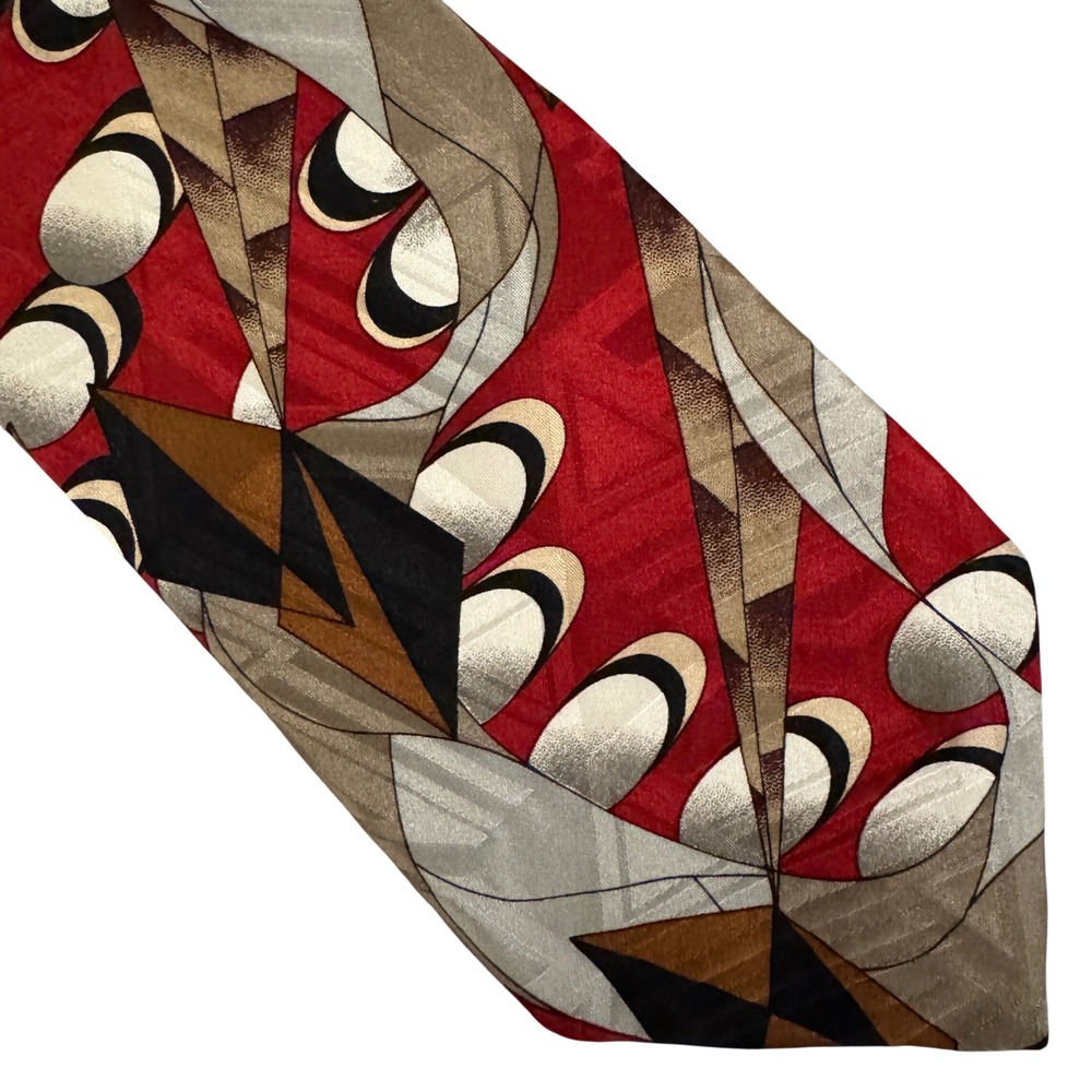 Screenplay by Martin Wong Silk Tie Red Geometric Abstract Art Deco Vintage Mens